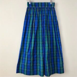 Vintage 80s Susan Bristol Plaid Skirt 100% Silk ILGWU Maxi Skirt Green Blue 12